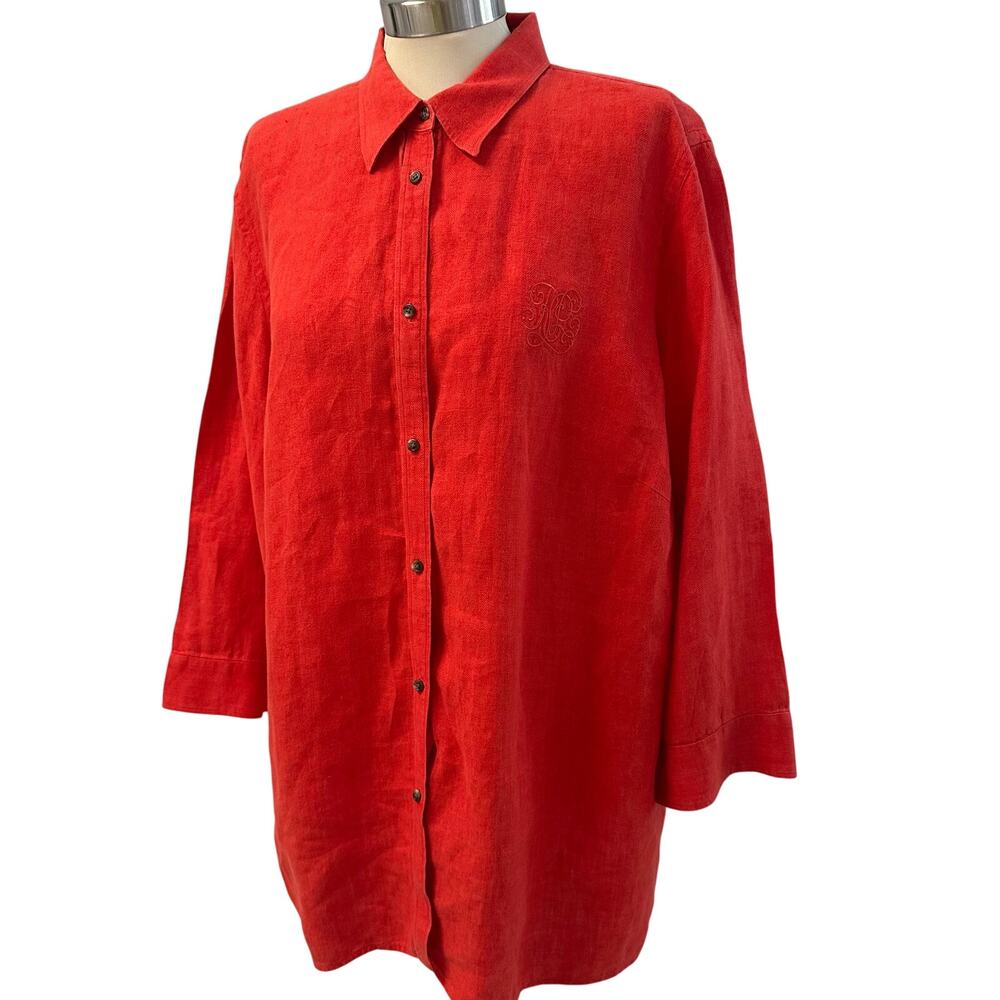 Ralph Lauren Womens Red Linen Button Down Shirt Embroidered RLL Logo Plus Size